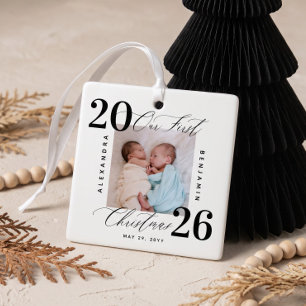 Elegant Script Our First Christmas Twin Baby Photo Ceramic Ornament
