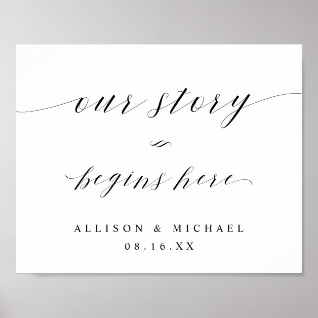 Elegant Script Our Story Begins Here Wedding Sign (Front)