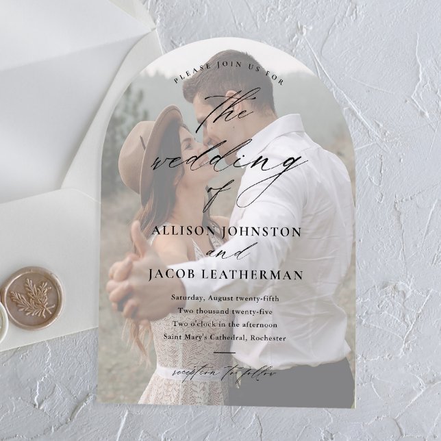 Elegant Script Overlay Arch Photo Wedding  Acrylic Invitations (Elegant script acrylic photo wedding invitation.)
