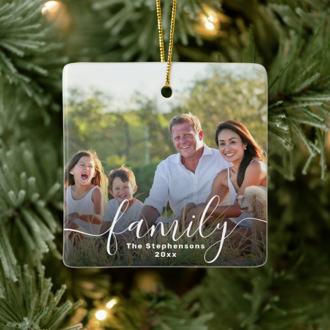 Elegant Script Overlay Double Sided Family Photo Ceramic Ornament (Tree)