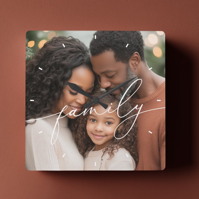 Elegant Script Overlay Family Photo Square Wall Clock (Creator Uploaded)