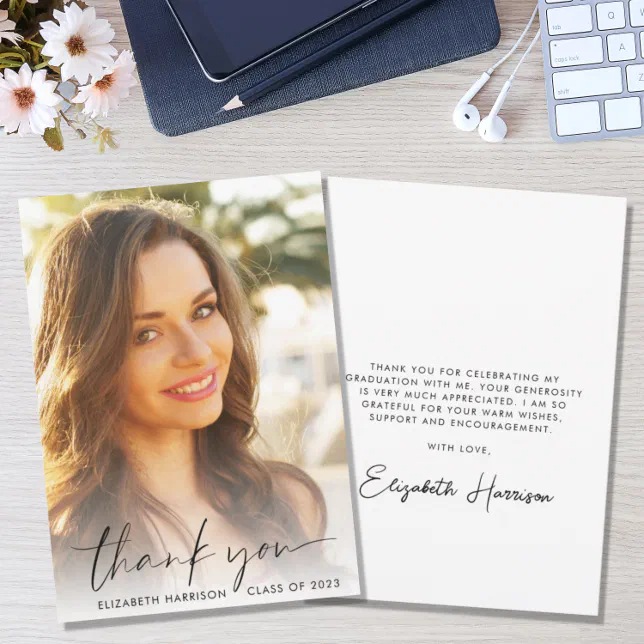 Elegant Script Overlay Photo Graduation Thank You Card Zazzle