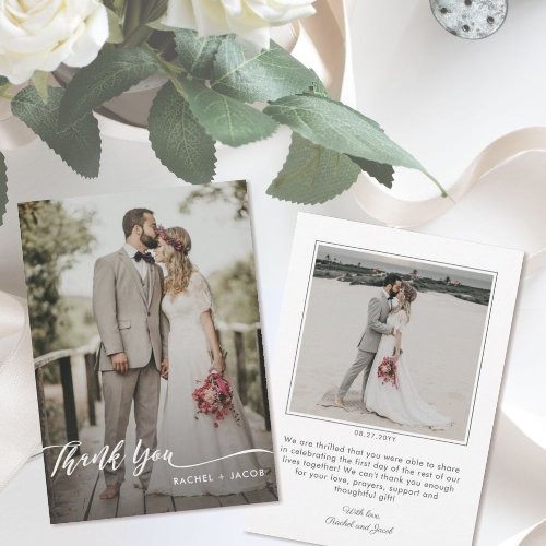 Elegant Script Overlay Simple Two Photo Wedding Thank You Card