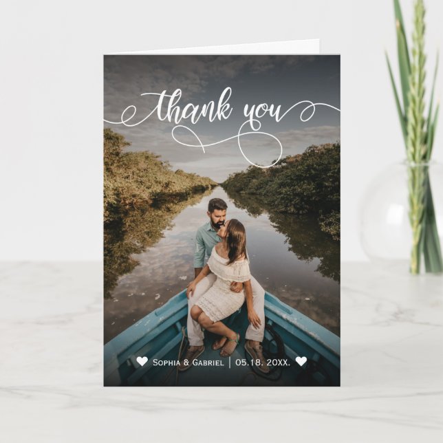 Elegant Script Overlay Wedding Photo Thank You Card (Front)