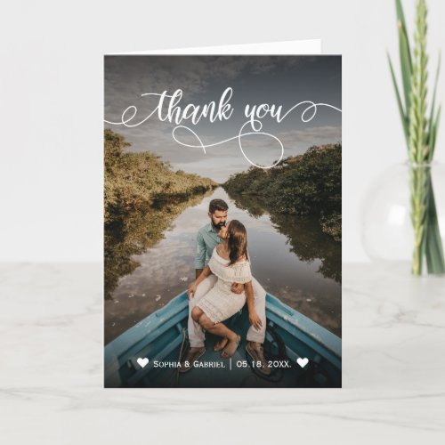 Elegant Script Overlay Wedding Photo Thank You Card