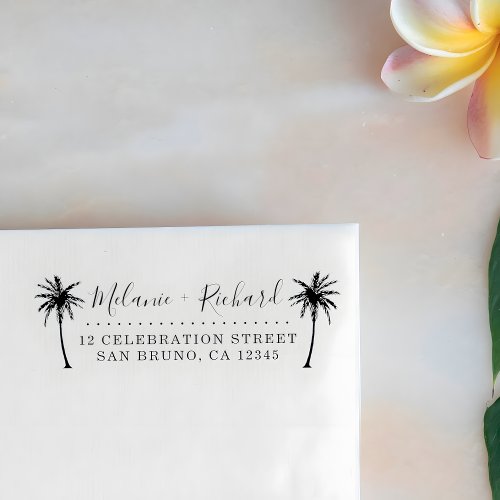 Elegant Script  Palm Trees Wedding Return Address Rubber Stamp