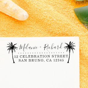 Elegant Script & Palm Trees Wedding Return Address Self-inking Stamp