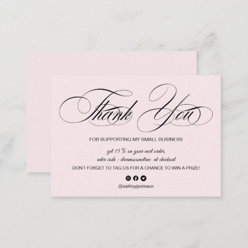 Elegant script pastel pink logo order thank you business card