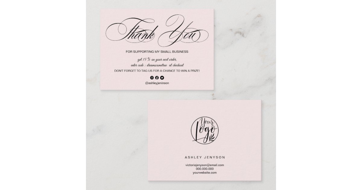 Elegant script pastel pink logo order thank you business card | Zazzle