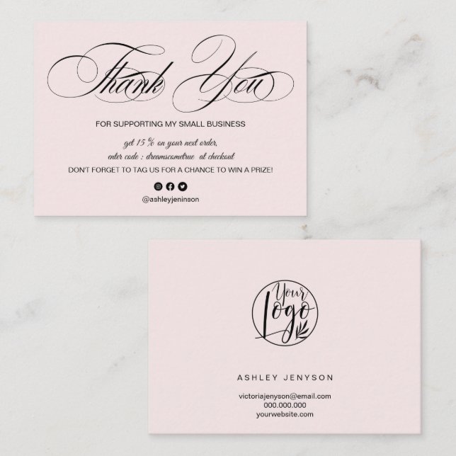 Elegant script pastel pink logo order thank you business card (Front/Back)