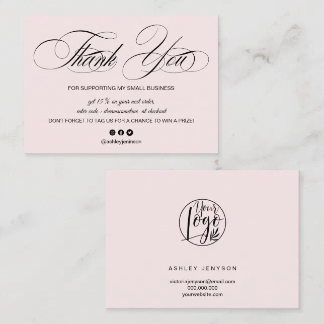 Elegant script pastel pink logo order thank you business card | Zazzle