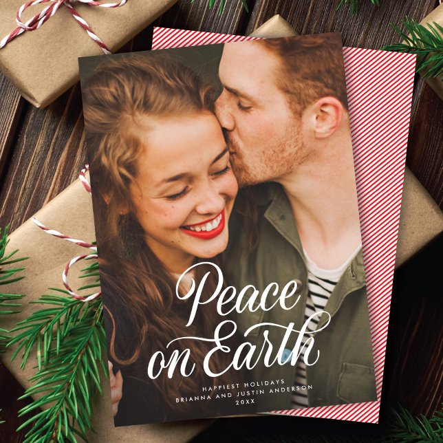 Elegant Script Peace On Earth Christmas Photo Holiday Card (Creator Uploaded)