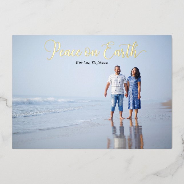 Elegant Script Peace on Earth Personalized Foil Holiday Card (Front)