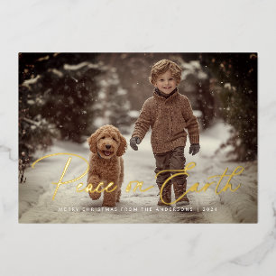 Elegant Script Peace on Earth Photo Christmas Foil Holiday Card