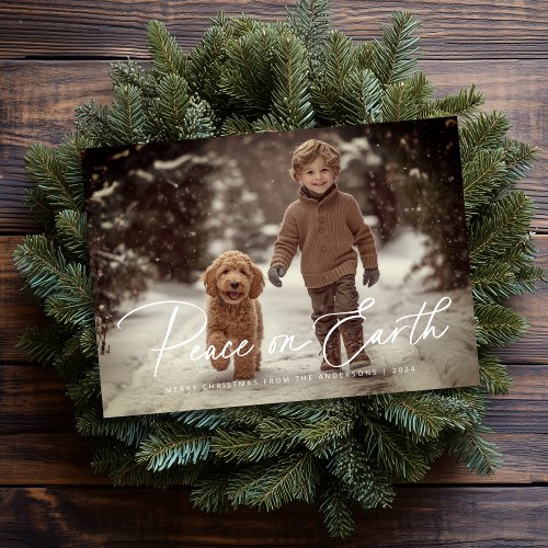 Elegant Script Peace on Earth Photo Christmas Holiday Card