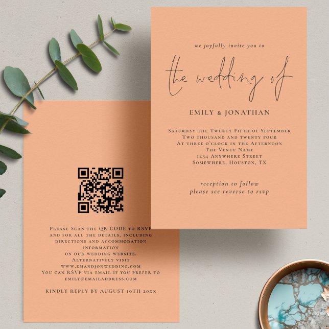 Elegant Script Peach QR Code Wedding Invitation (Frotn and back view)