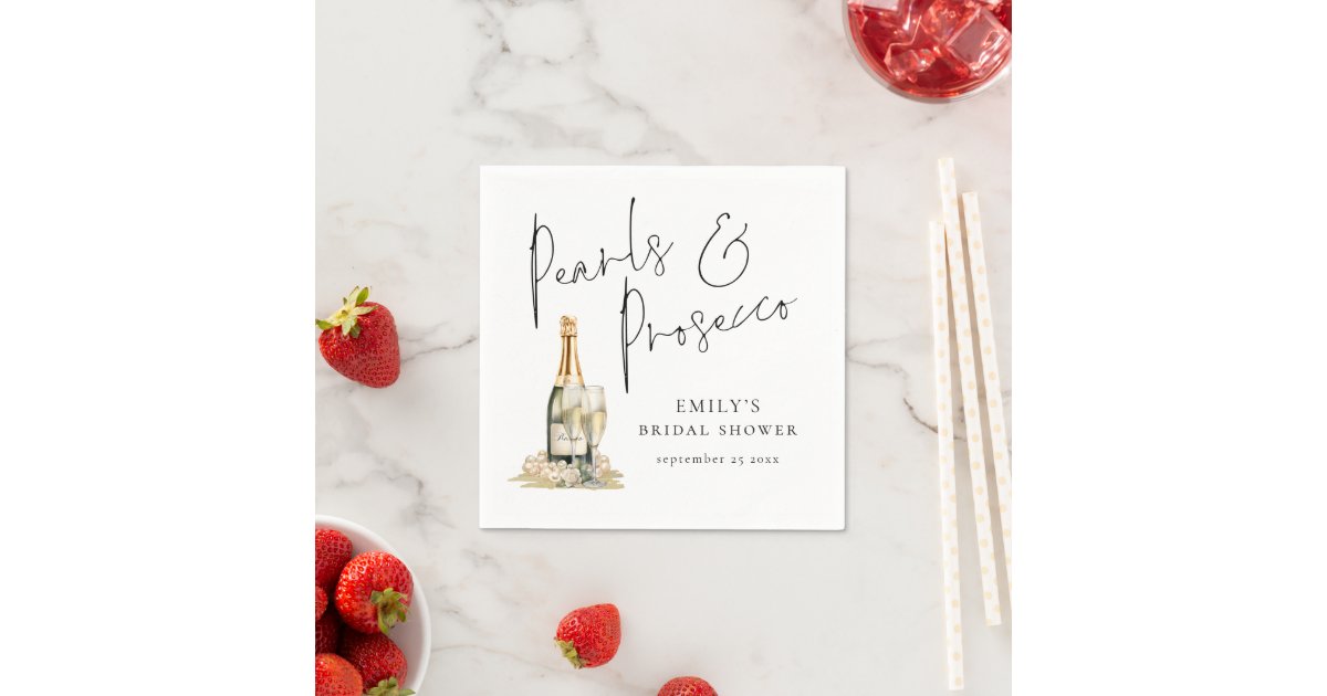 Elegant Script Pearls and Prosecco Bridal Shower Napkins | Zazzle