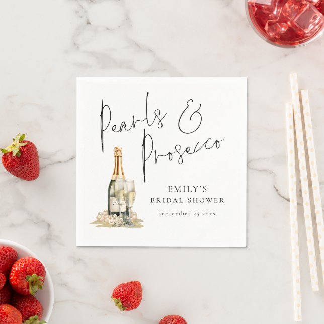 Elegant Script Pearls and Prosecco Bridal Shower Napkins (Insitu)