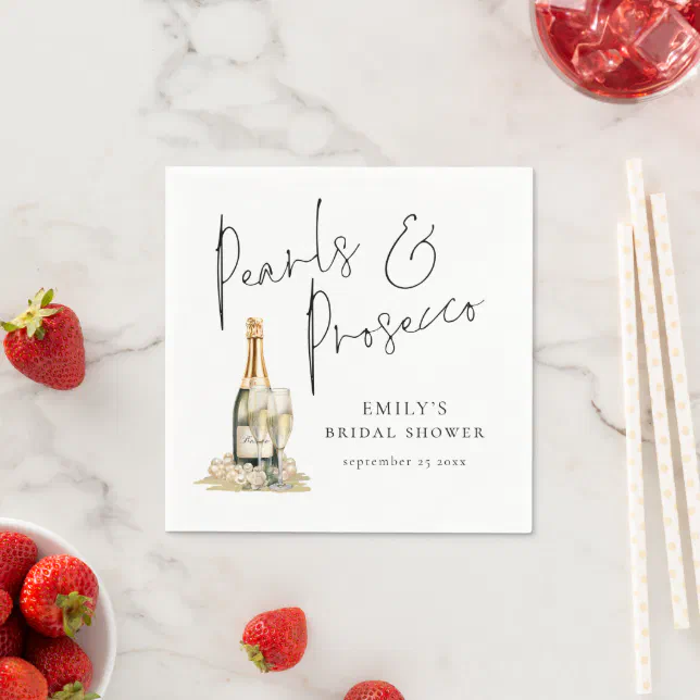 Elegant Script Pearls and Prosecco Bridal Shower Napkins | Zazzle