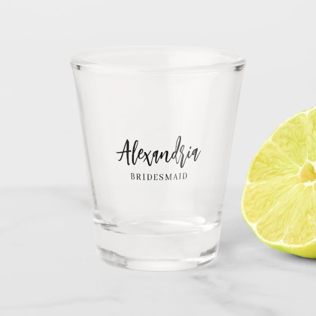 Elegant Script Personalized Bridesmaid Name Shot Glass (Front)