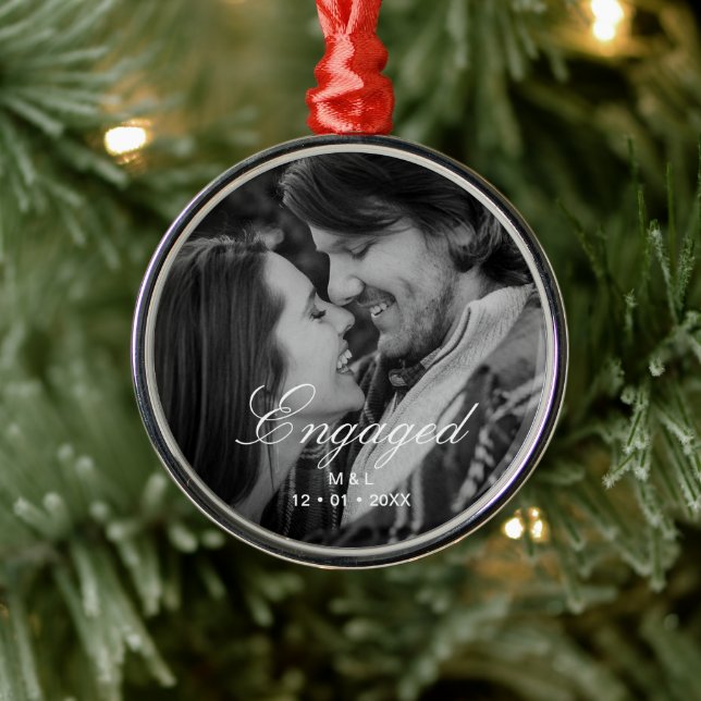 Elegant Script Personalized Couple Photo Metal Ornament (Tree)
