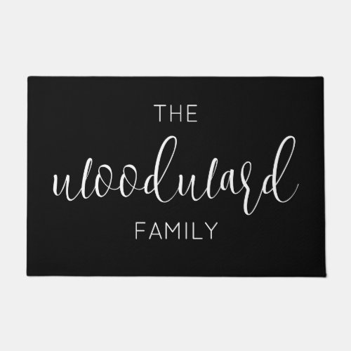 Elegant Script Personalized Family Name Black Doormat