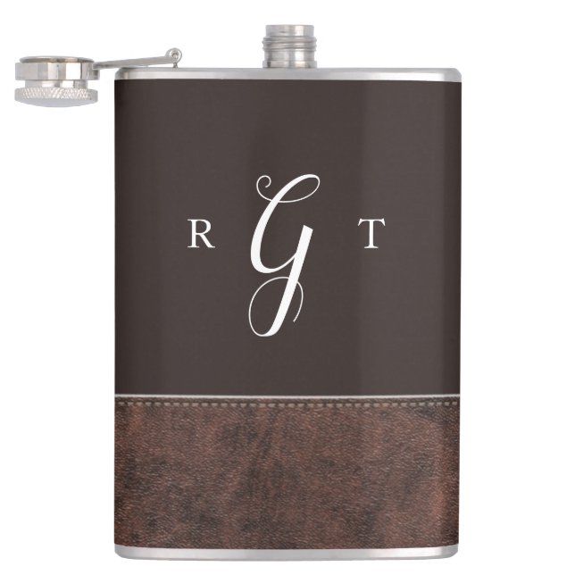 Elegant Script Personalized Monogram Brown Leather Flask (Opened)