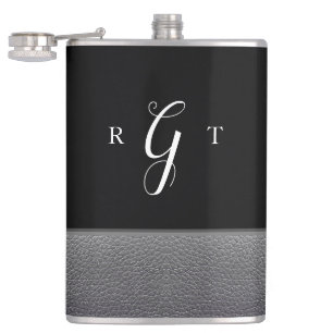Elegant Script Personalized Monogram Grey Leather Flask