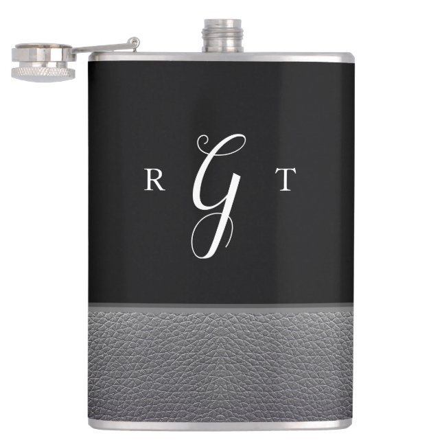 Elegant Script Personalized Monogram Grey Leather Flask (Opened)