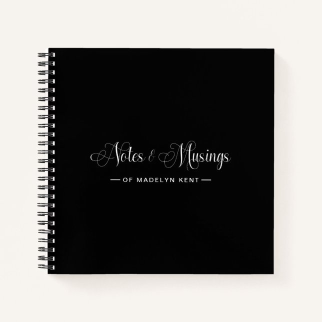 Elegant Script Personalized Notes & Musings Black Notebook (Front)