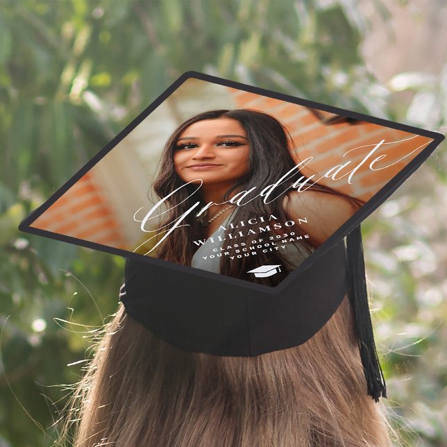 Elegant script personalized photo graduation cap topper (Creator Uploaded)