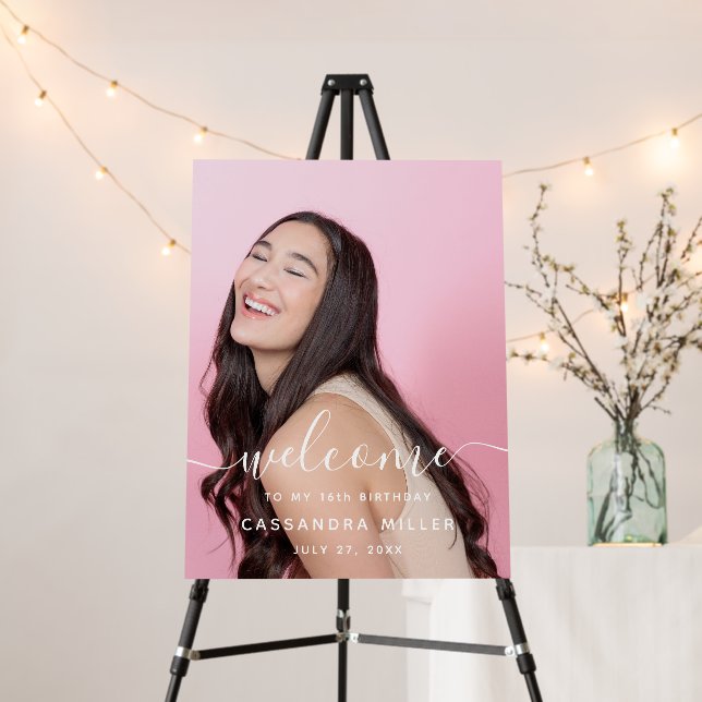 Elegant Script Photo 16th Birthday Welcome Sign (In Situ (Stand))