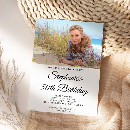 Elegant Script Photo 50th Birthday Invitation