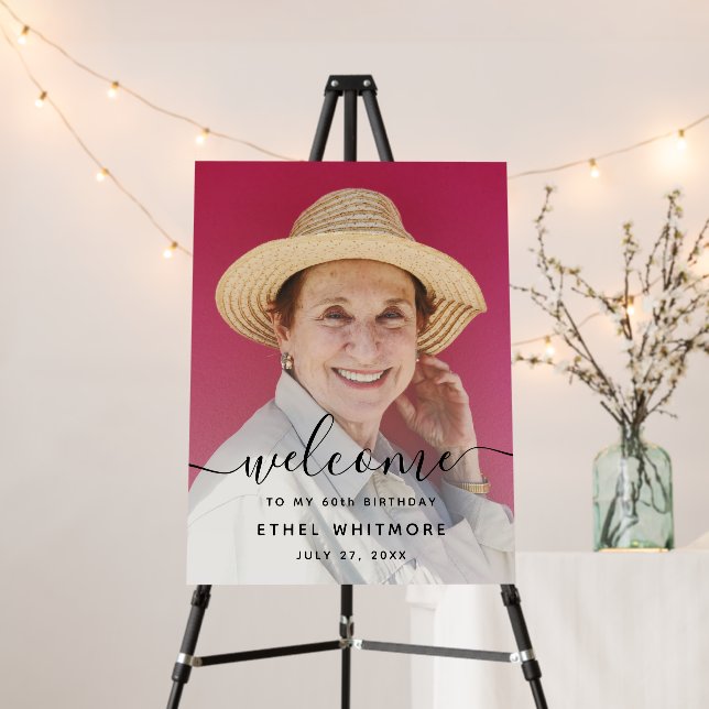 Elegant Script Photo 60th Birthday Welcome Sign (In Situ (Stand))