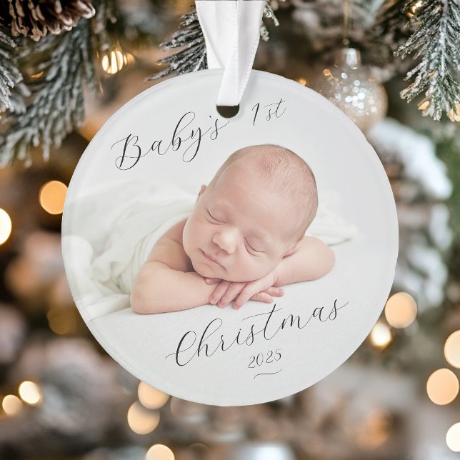 Elegant Script Photo Baby's First Christmas Ornament (Elegant Script Photo Baby's First Christmas Ornament)