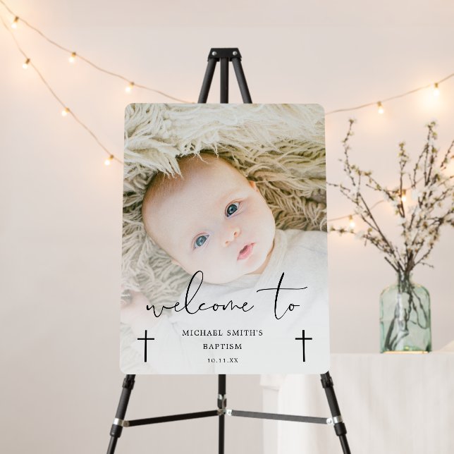 Elegant Script Photo Baptism Welcome Sign (In Situ (Stand))