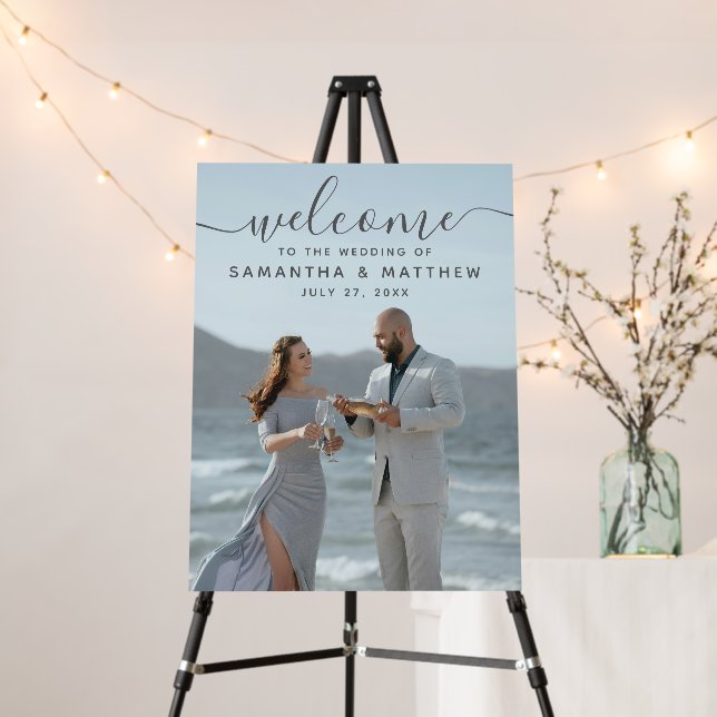 Elegant Script Photo Beach Wedding Welcome Sign (In Situ (Stand))