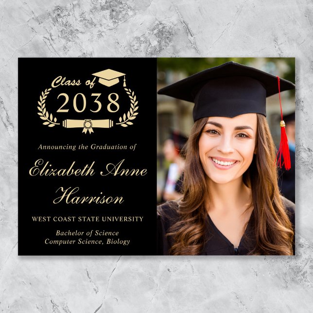 Elegant Script Photo Black Gold College Graduation Announcement (Elegant Script Photo Black Gold College Graduation Announcement)