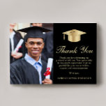 Elegant Script Photo Black Gold Graduation Thank You Card<br><div class="desc">Elegant black graduation thank you card featuring a gold grad cap,  a photo of the graduate,  "Thank You" in a classic gold script,  and your customized thank you message and the grad's name in modern serif gold typography.</div>