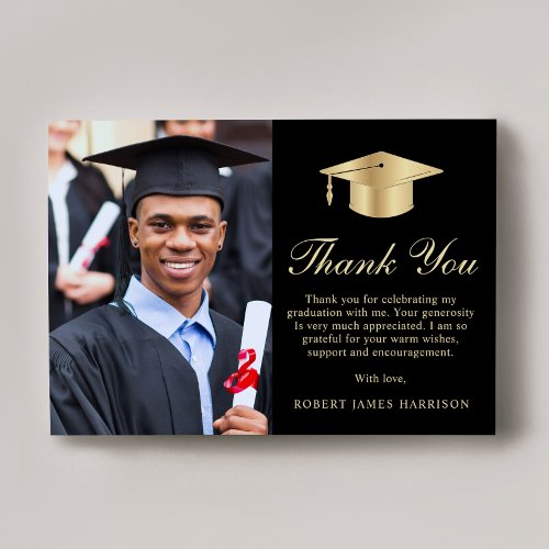 Elegant Script Photo Black Gold Graduation Thank You Card