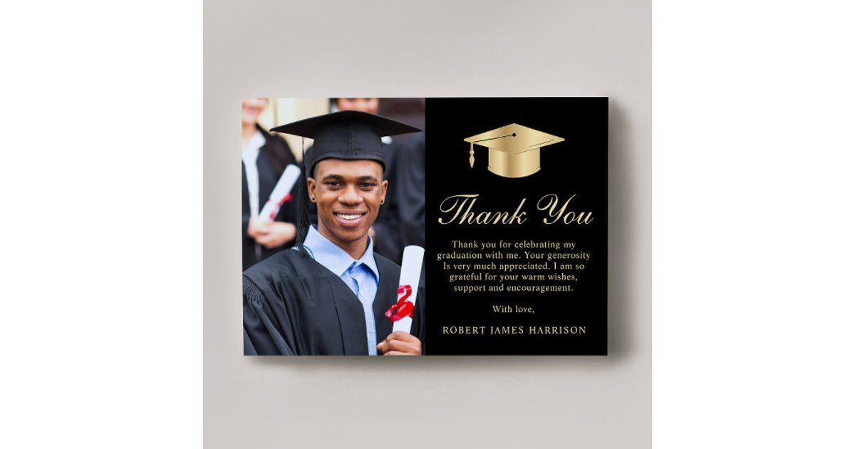 Elegant Script Photo Black Gold Graduation Thank You Card | Zazzle