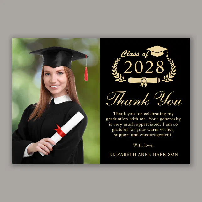 Elegant Script Photo Black Gold Graduation Thank You Card | Zazzle