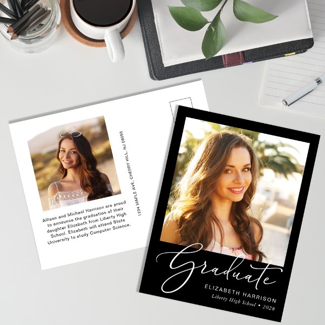 Elegant Script Photo Black Graduation Announcement Postcard (Creator Uploaded)