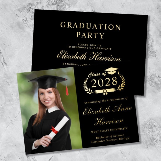Elegant Script Photo Black Graduation Party Foil Invitation (Creator Uploaded)