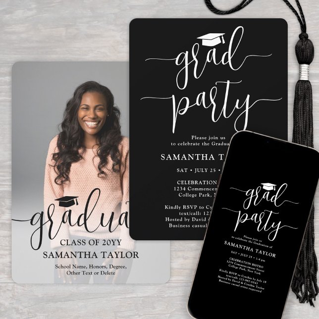 Elegant Script & Photo Black Graduation Party Invitation (Creator Uploaded)