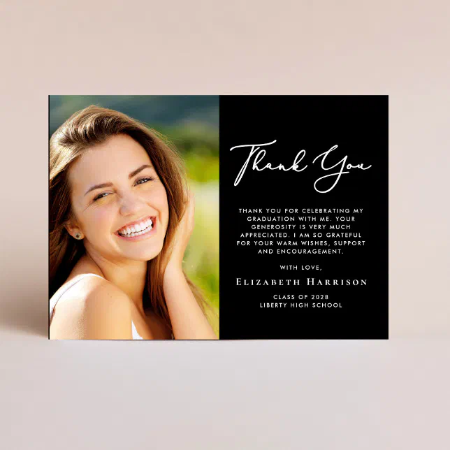 Elegant Script Photo Black Graduation Thank You Card | Zazzle