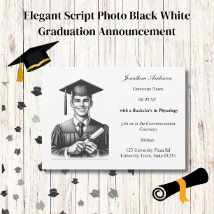 Elegant Script Photo Black White Graduation Announcement
