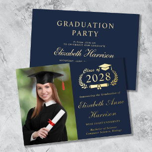 Elegant Script Photo Blue College Graduation Party Foil Invitation