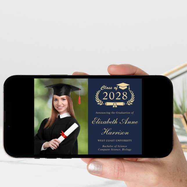 Elegant Script Photo Blue Gold College Graduation Announcement (Front Digital)
