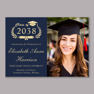 Elegant Script Photo Blue Gold College Graduation Announcement